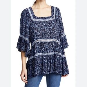 Free People Talk About It Tunic In Blue Floral Flowy Boho Shirt - Women’s Medium